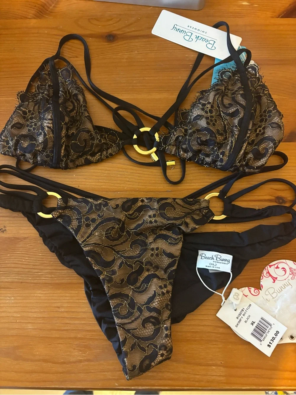 {NWT} BEACH BUNNY Black Lace Strappy Triangle Bikini Set- XL fits M